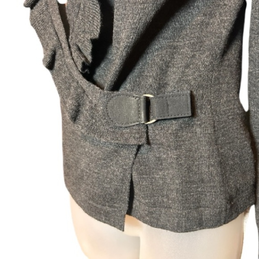 Elegant Merino 100% Wool V-neck Wrap Sweater Women Petite S Gray Ruffle Trim - Picture 5 of 10